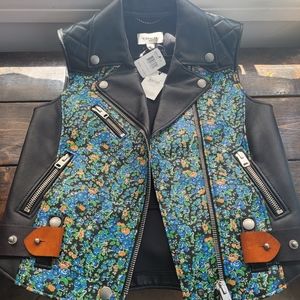 Coach Black Leather Floral Moto Vest with Blue & Green Print